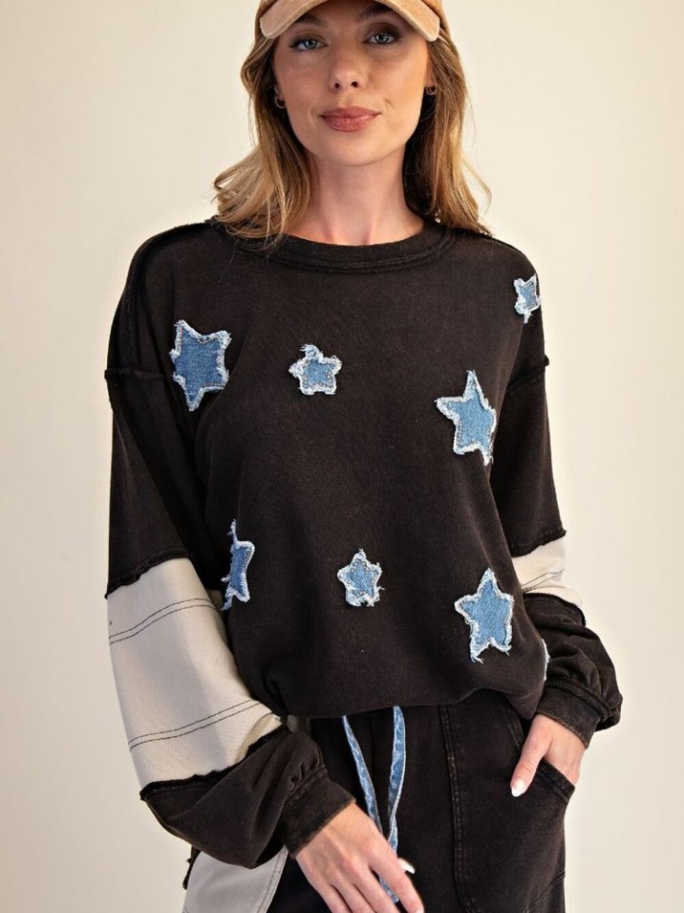 EASEL DENIM STAR PATCH FRENCH TERRY TUNIC (MATCHING TO SET) S M L